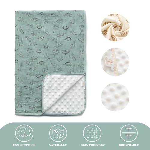 Sage Green Unisex Dinosaur Baby Blanket - Double Layer Minky & Muslin Cotton