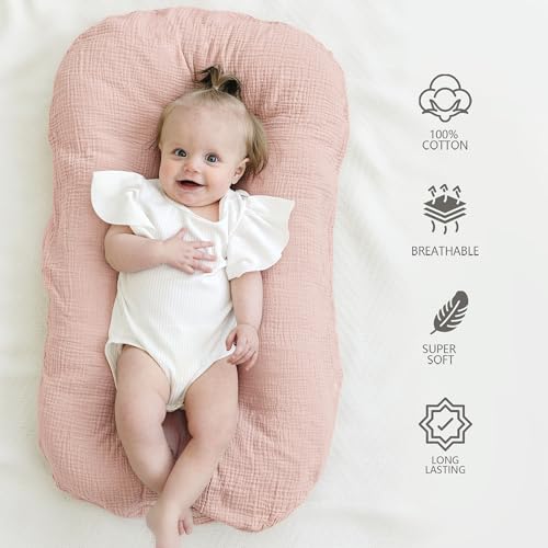 Soft, Breathable Muslin Baby Lounger Cover - Pack of 2 (Pink/Ivory)